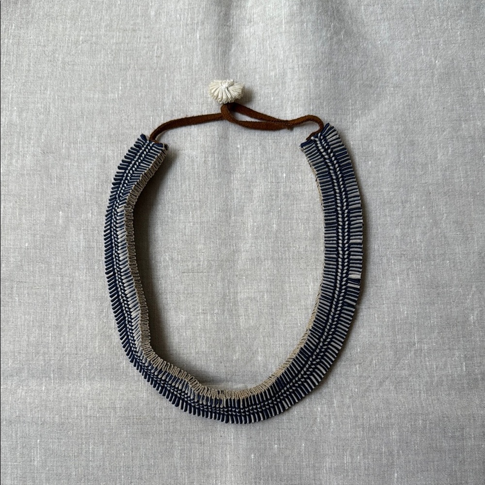 Navy and Ivory Fabric with Brown Leather Necklace 22 inch
